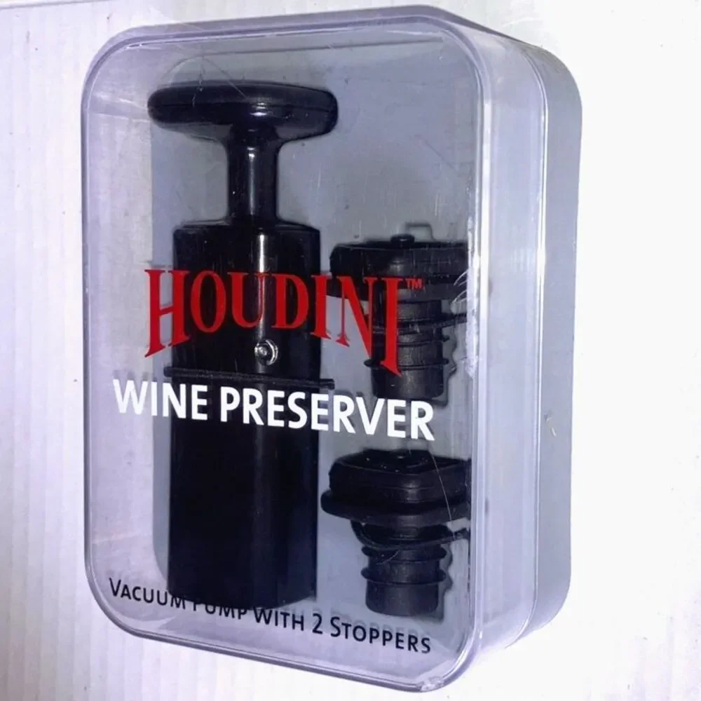 Wine Stoppers HOUDINI Wine Preserver Vacuum Pump with 2 Stoppers NEW Open Box